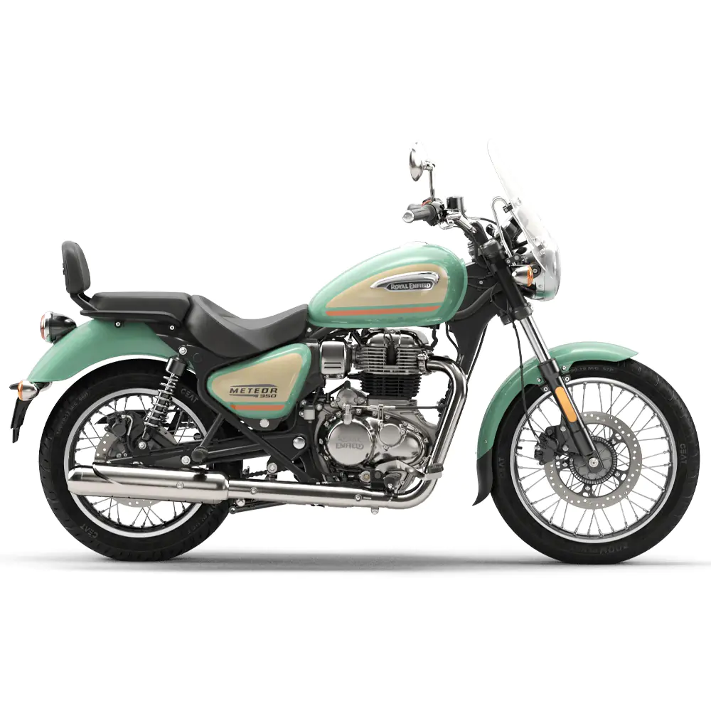 Royal Enfield Meteor 350 in Aurora Green bij Lowlands Biker Store Zwolle